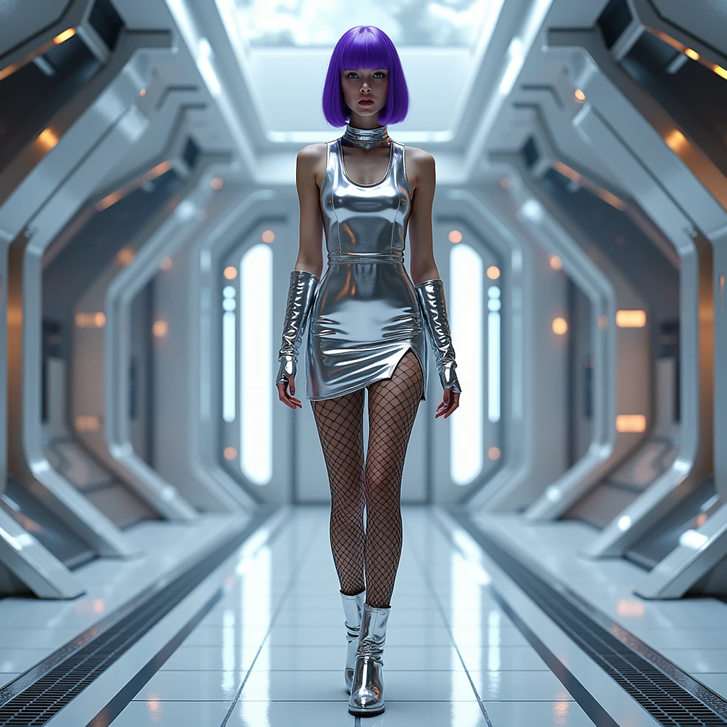 The space station of the future、Silver metallic mini dress、Side slits、Black fishnet tights、White、purple bob hair、Silver metallic boots、