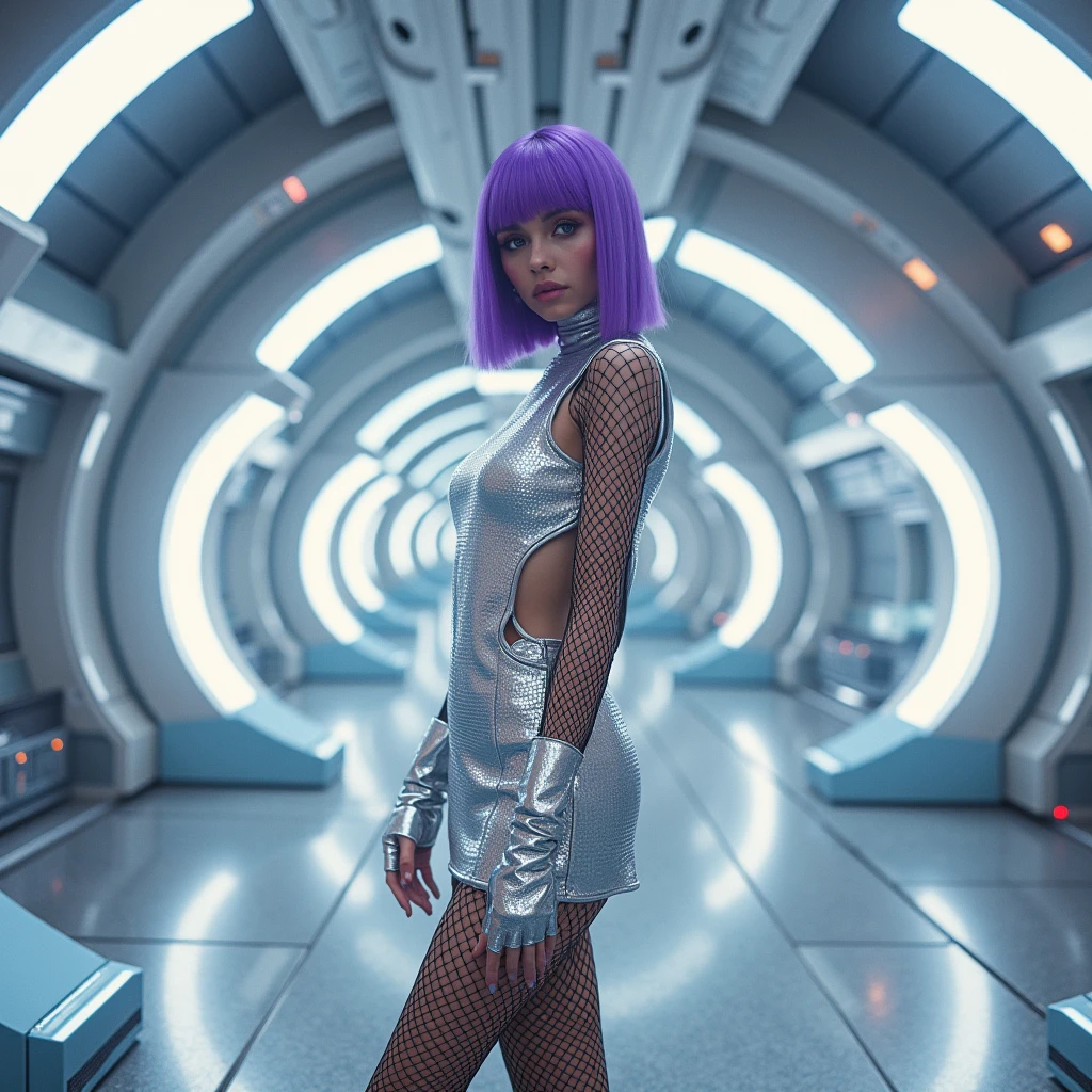The space station of the future、Silver metallic mini dress、Side slits、Black fishnet tights、White、purple bob hair、Silver metallic boots、