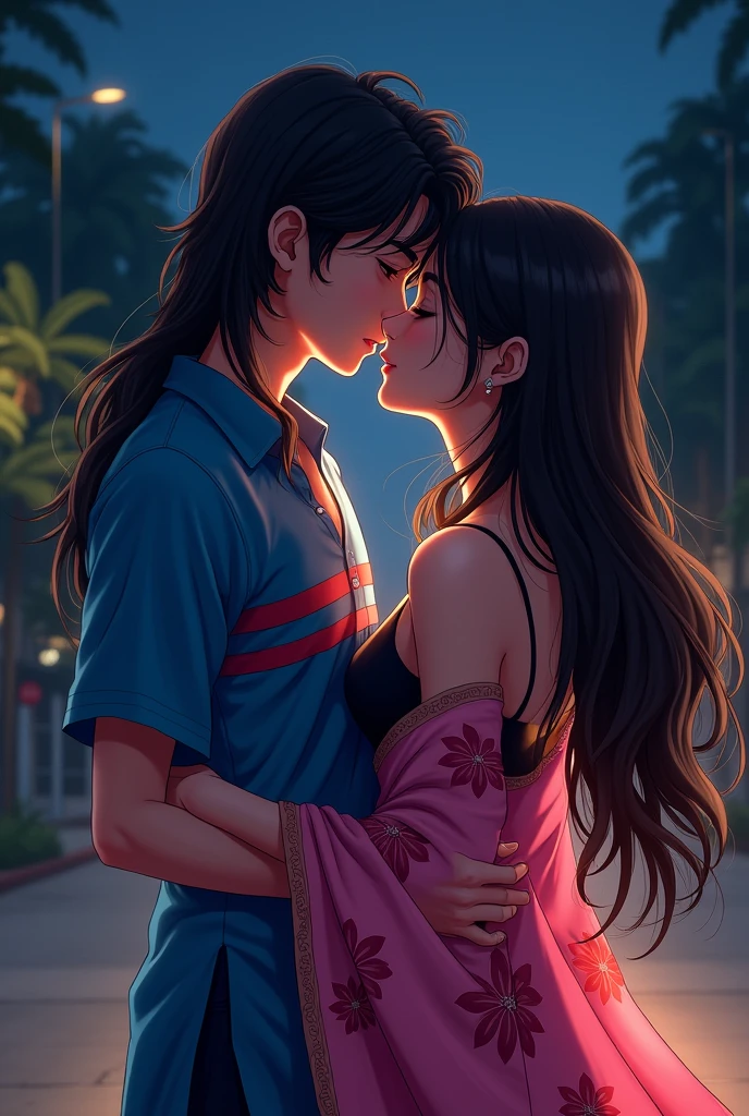 Make Indian anime couple hot sex scenes:raat ka samay hai.  jisme ladka aur ladki 10th standard me hai. ladke ke hair uski neck tak lambe hai.   ne blue shirt pehni hai jispe blue aur red lines hai, ladki ne indian backless black kurta pehna hai, aur left kandhe pe pink colour ka dupatta pehna hai jispe beautiful design hai. Ladke ne ladki ki kamar ko tightly pakad rakha hai, dono ek dusre se chipke hue hai. Ladki ka dupatta lehra Raha hai. Dono ek dusre ko lip kiss kar rahe hai, in dono ke lips touch ho rahe hai. Ladki ke hair bahut lambe hai. (Art style: jujutsu kaisen)