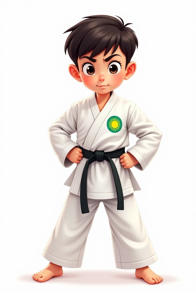 ((officially)) ((masterpiece)) ((Best quality)) ((detailed)) cartoon karate boy in uniform with Kazakhstan flag emblem on white background