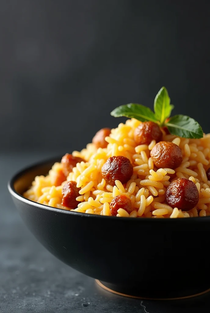 Fried rice in a black bowl with pork bits