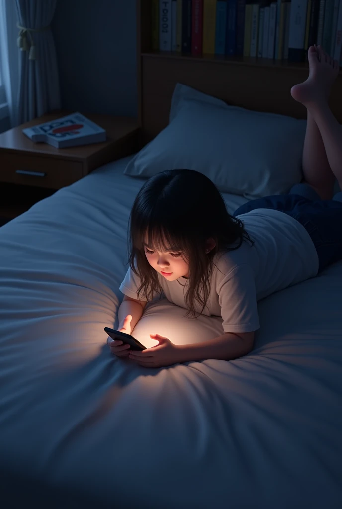 (photorealism:1.2), top view and side view normal room with dim light, laying on bed on her stomach using smartphone, hair slightly covering her face, some books beside her, relaxed pose,