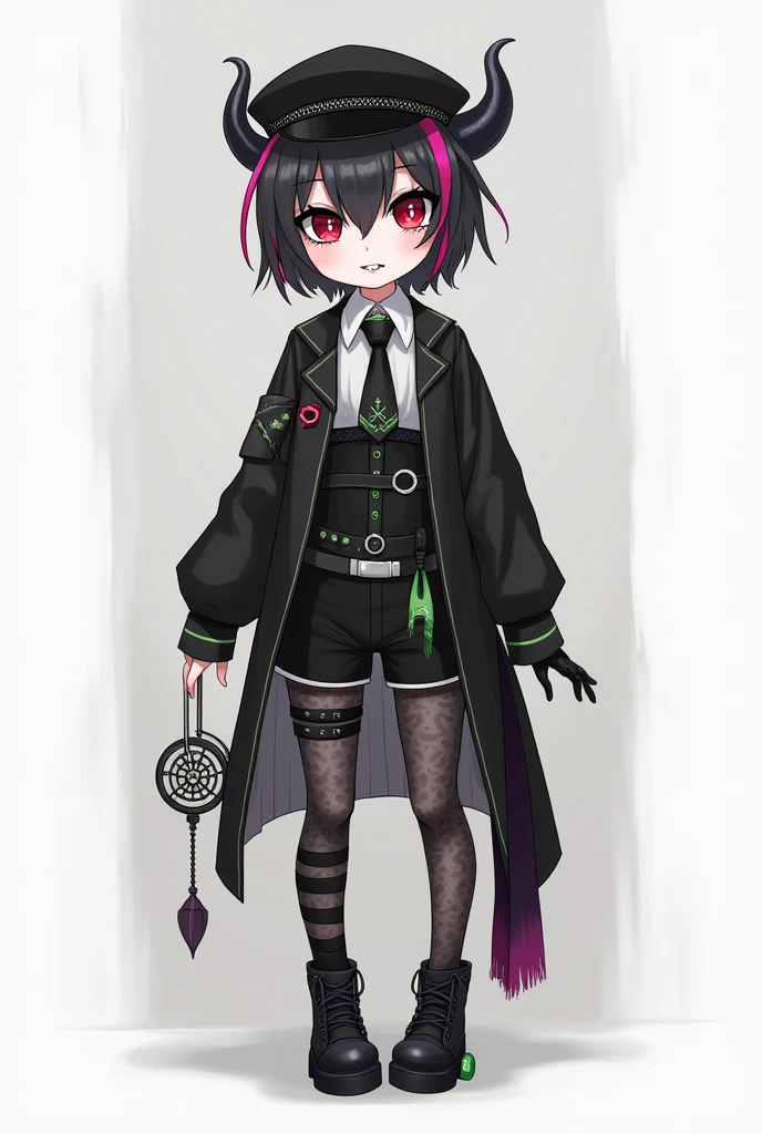 Lily is a small, skinny guy with pale skin.. He has short dark hair with pink strands, Sticking out on the sides and large red-crimson eyes with green shadows. When the guy opens his mouth, You can immediately see small fangs. Like Malleus, He has pointed ears. As his attire, Lily wears an unbuttoned black uniform with light green stitching, That falls off his shoulders, A black hat with horns and a white shirt with a black tie. He has a pair of black gloves, And straps on his shoulders. Lily has a black corset with belts at the waist, On one side, a corrugated black-violet gradient fabric hangs down, As well as another smaller belt with a miniature spinning wheel accessory, And on the thigh - a few spools of thread. He also wears black shorts with green stripes, Tights with an intricate pattern and black boots on a small green heel.