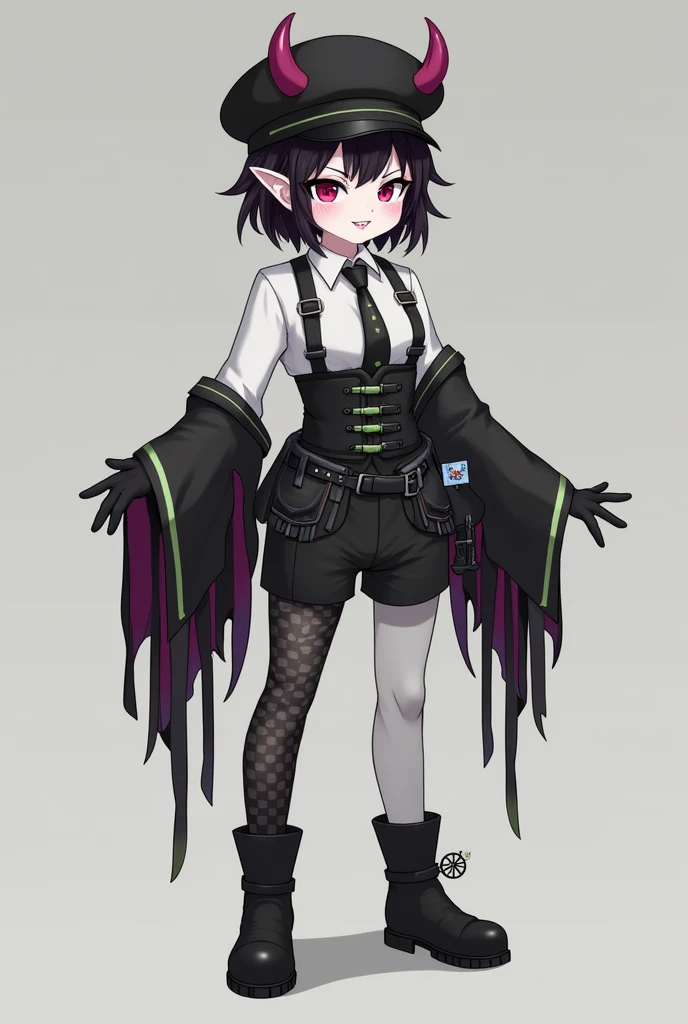 Lily is a small, skinny guy with pale skin.. He has short dark hair with pink strands, Sticking out on the sides and large red-crimson eyes with green shadows. When the guy opens his mouth, You can immediately see small fangs. Like Malleus, He has pointed ears. As his attire, Lily wears an unbuttoned black uniform with light green stitching, That falls off his shoulders, A black hat with horns and a white shirt with a black tie. He has a pair of black gloves, And straps on his shoulders. Lily has a black corset with belts at the waist, On one side, a corrugated black-violet gradient fabric hangs down, As well as another smaller belt with a miniature spinning wheel accessory, And on the thigh - a few spools of thread. He also wears black shorts with green stripes, Tights with an intricate pattern and black boots on a small green heel.