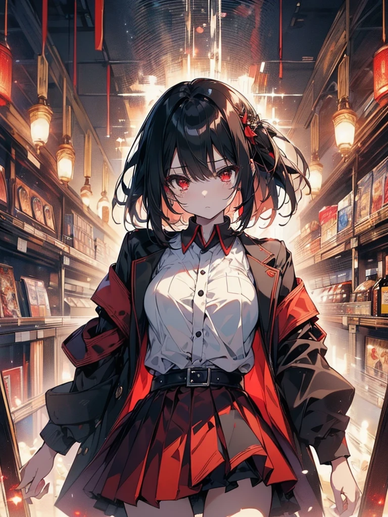 (masterpiece, highest quality, highest quality, (No text), Beautiful and aesthetic:1.2),No text,アニメ、BREAK,One Girl，Black Hair Girl　 adult　short hair　older sister　Beautiful eyes　Red eyes　cool　tears　Black and Red　skirt　Black jacket　White clothing　whole body　In town