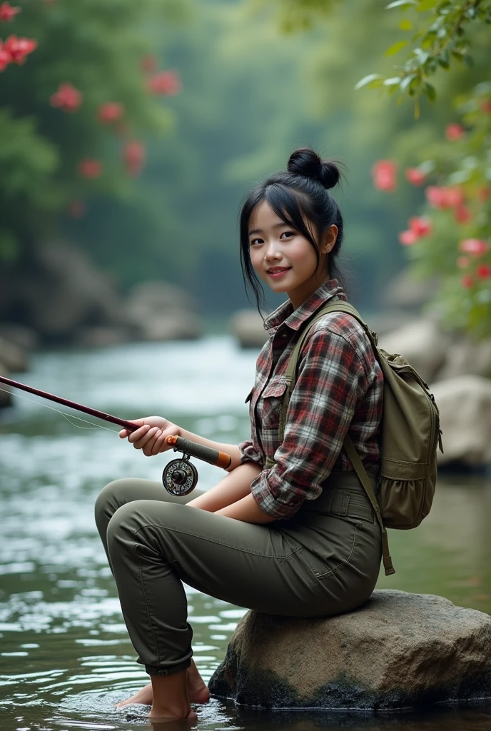 A beautiful Thai girl with smooth white skin, well-groomed face, wearing a plaid shirt,cargo pants, lots of pockets,, black hair, Korean-style bun, facing the camera, posing sitting on a rock while holding a fishing rod, fishing in a calm flowing river,the water flows clearly between the small rocks,left and right of the river are overgrown, red orchid flowers are very beautiful and amazing, very beautiful waterfall background.original photo, realistic