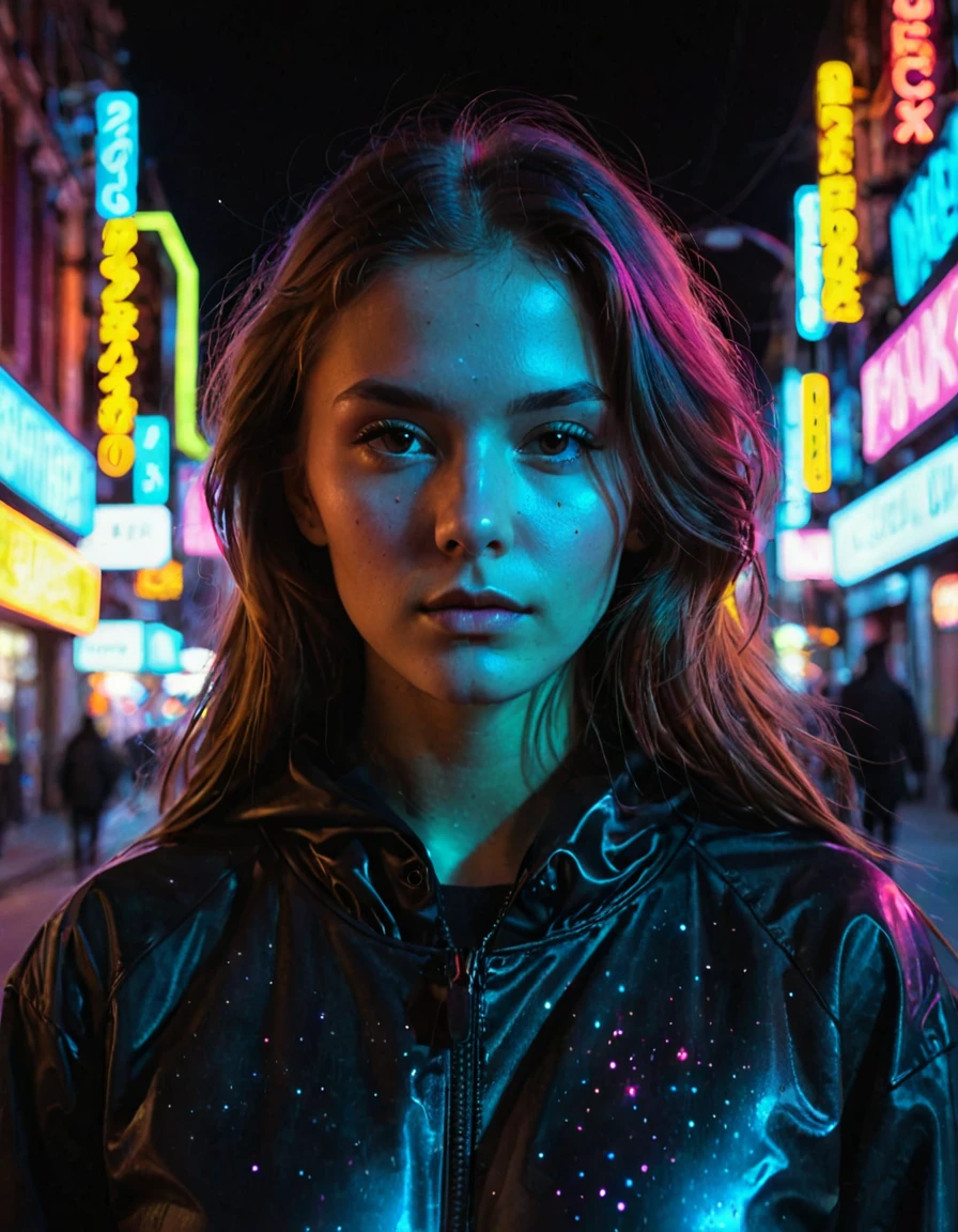 City Street, Neon, Nebula, Volumetric, Close-up portrait photo of a young woman in dark clothing