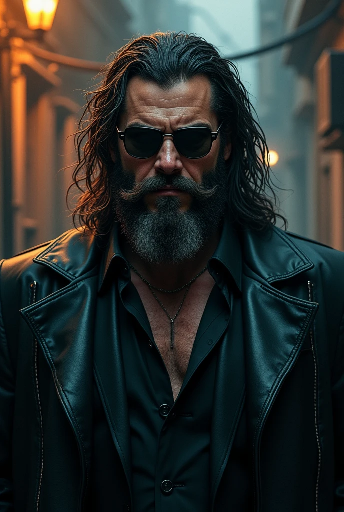 Most dangerous villain he have beard and long hair and wearing sun glasses