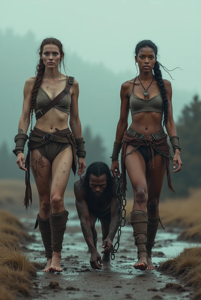 In a cold, high-quality Irish landscape, with lush green meadows, rolling hills, and a dirt path filled with stones and puddles, two women are clearly visible in fine detail, walking side by side, both barefoot. The first woman is a 50-year-old, 1.90-meter-tall Viking with fair skin. She has large, sagging and a noticeably muscular and toned figure. She is barefoot, her face reflecting fatigue from a long journey. Her hair is styled in a thick, single braid that falls down her back. Her skin appears dirty, as if she hasn't bathed in many days, and she has visible scrapes and bruises, suggesting she may have fallen several times. She wears a scanty outfit made of a few tightly bound leather harness straps, adorned with traditional Viking accessories. Her bare feet, covered in mud and dirt, step carefully over the rugged terrain. Despite the dirt and wear, her face is strikingly beautiful and aesthetically pleasing, with large green eyes and full, slightly cracked lips, staring directly at the camera with intensity.
Beside her, a 30-year-old, slender yet visibly muscular African American woman walks alongside, also barefoot. Her long hair is styled in a neat braid. Her skin shows signs of days without a bath, and she has similar scrapes and bruises scattercross her body. She wears a revealing outfit of tight leather straps with Viking accessories. Her beautiful, aesthetically pleasing face, with large green eyes and full lips, is set in a determined expression as she looks directly at the camera. Both women navigate the rugged, chilly path filled with stones and puddles, their barefoot steps showing resilience against the harsh ground.