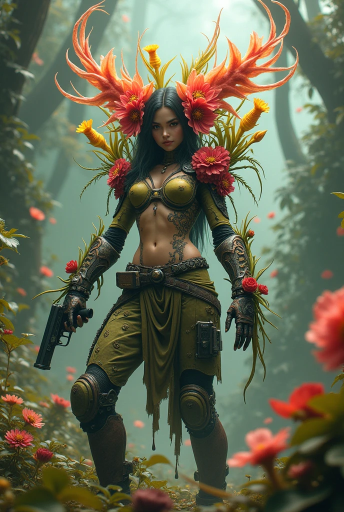 Cibrg bloom warrior Cibrg flower guardian mutant girl with flower arms with a pistol in her arm