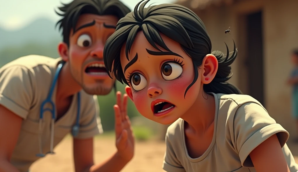Create a YouTube thumbnail with dimensions 1280 x 720 pixels. The scene is set in a rural, impoverished environment with a background of dusty, earthy terrain, suggestive of a field or a simple medical setup in a South American or Indian context. The background should be slightly blurred to emphasize the main subjects.
Main Elements:
Young Girl: A close-up of a young girl's face, showing her ear where several large ants are visible. The girl should look uncomfortable or surprised.ñ, sacred, crying Ensure her skin tone and features reflect South American or Indian heritage.
Medical Professional: Depict a doctor or medical worker, also reflecting South American or Indian heritage, with an exaggerated expression of shock or concern worry and scared . The doctor is leaning towards the girl's ear, inspecting it carefully. The doctor should be dressed in simple, practical medical attire, suitable for a rural setting (e.g., a white coat or traditional attire).
Setting Details: The background should have elements that suggest a simple, makeshift medical environment in a rural area—dusty ground, perhaps a basic medical setup like a small table with medical tools, or a rudimentary clinic setting. The environment should look impoverished but not overly dramatic, to keep the focus on the main subjects.
Visual Style:
Use vibrant colors to make the ants and the expressions stand out against the muted, earthy background.Ensure the ants are clearly visible and detailed to attract attention.The focus should be on the interaction between the girl and the doctor, with the background serving as a contextual but not overpowering element.
Real persons please
This prompt will create a compelling and visually engaging thumbnail that highlights both the medical situation and the setting, drawing viewers into the story.