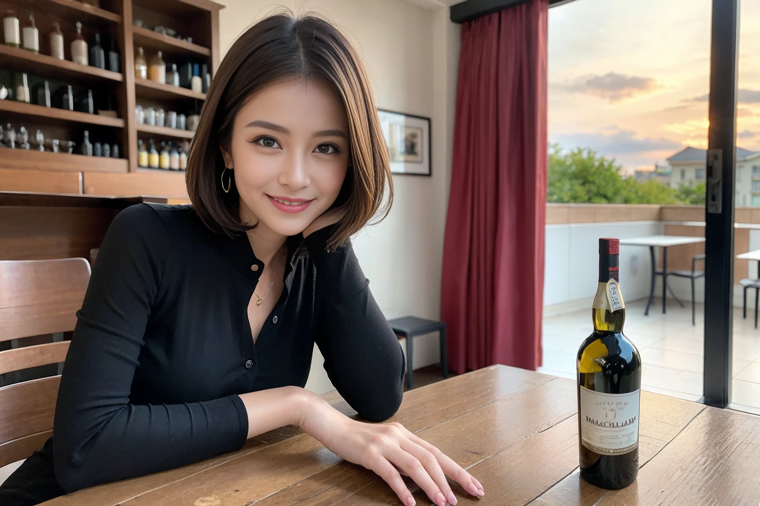 ((Highest quality、8k、masterpiece:1.3))、Whiskey bottles、The Macallan、Joni Black、Old Parr、whiskey、Suntory、Nikka、slimカップル、modelカップル、(Realistic, Intricate details:1.2), full-course dinner、Whiskey bottle and glass on the table、Single Malt、scotch、Rocks glass、Shot Glass、On the rock、Scotland、Amazing view of the sunset sky and clouds、A bright smile、The wonderfulness of smile、 Beautiful Face, blue eyes, The light shines on your face, blush, short hair,Bright Face、 (Age 37), 3,Two beauties、Brown Hair、Shortcuts、Long sleeve shirt、dress、Beautiful woman 1, (slimな顔), (The body is slim), (Brown Hair), (Shortcuts), cheeks turn a little red,Attractive beauty、restaurant, In a prominent place (From the waist up) Nova Frog Style, actress, model, Upper Body, White wine, slim, smile, (smile: 1.15), Beautiful fine grain, Depth f/2,saturation, High Contrast, Strong light and shadow,Moist Body:1.5、3D texture、Delicate eyes、Brown Hair、The hair is very shiny、