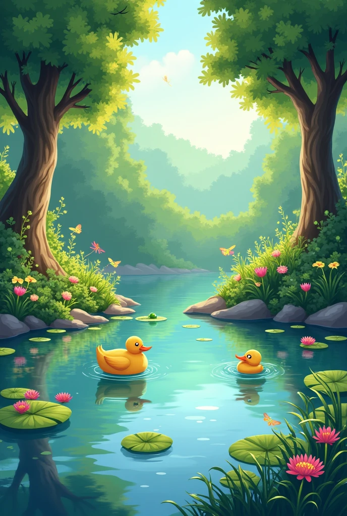 A beautiful pond in 2d cartoon 