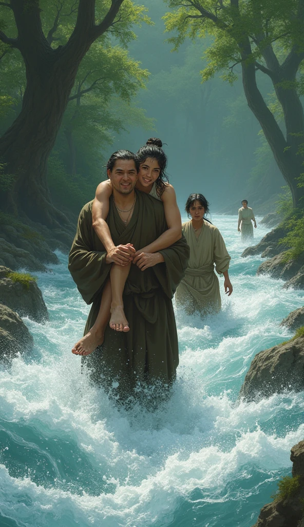 Scene: The monk wading through the river, carrying the young woman on his back, while the disciple follows hesitantly.
Character Description: The monk appears strong and steady, while the disciple struggles with the current, looking conflicted.