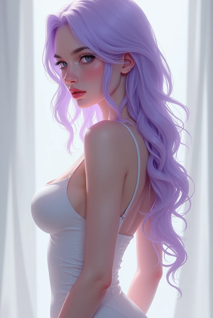 Nano Eiai light purple hair with a serious expression , thin with big breasts showing nipples
