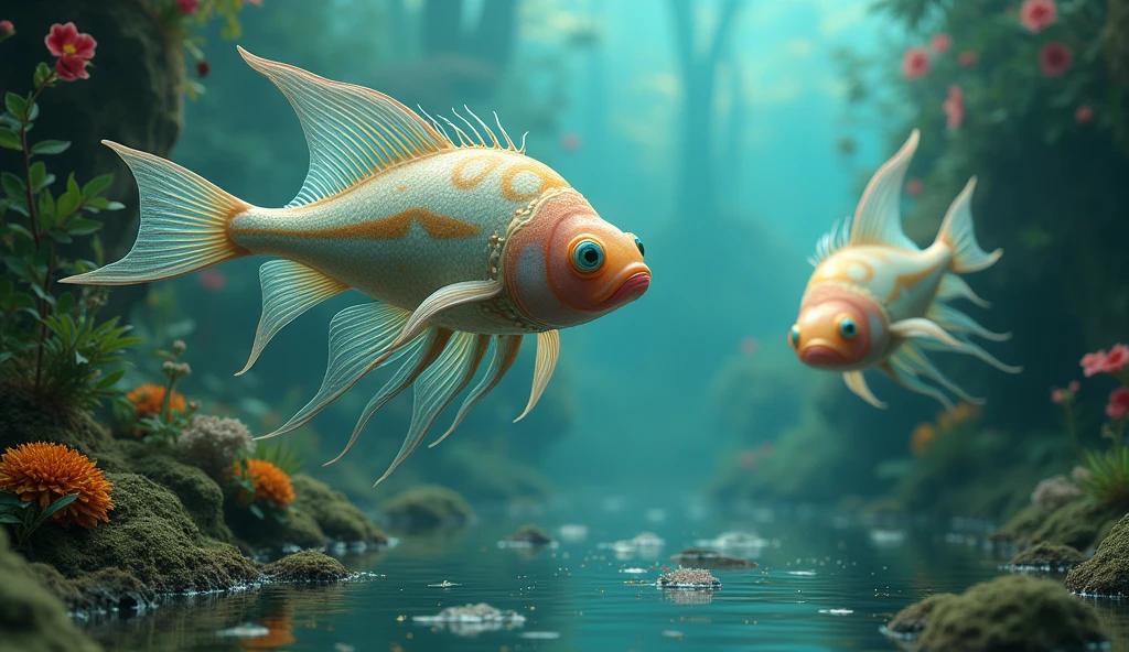 There are strange fish growing in the water(best quality,4K,8k,High level,masterpiece:1.2),Ultra Detailed,(lifelike,Photo real,Photo real:1.37)