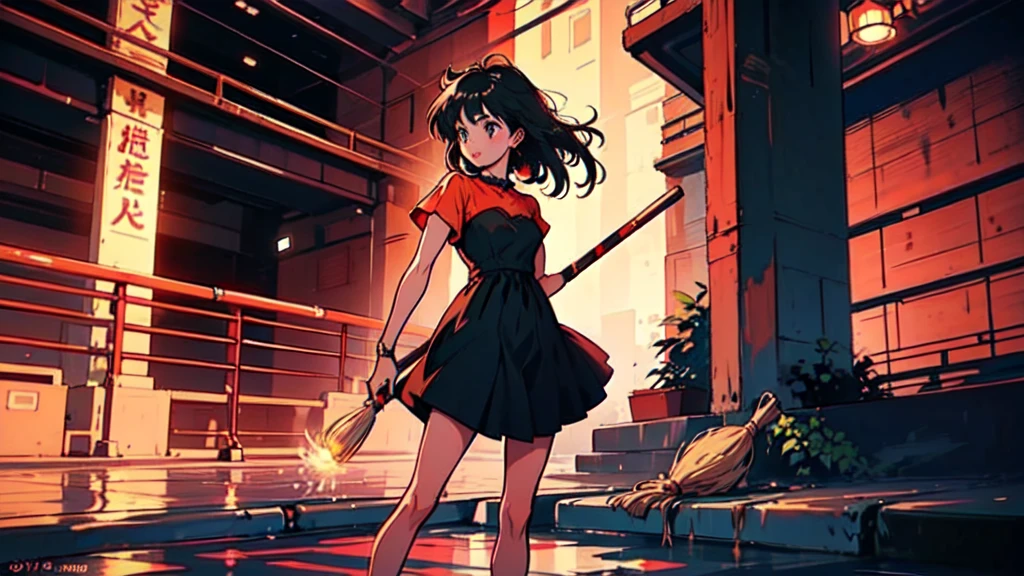 Kiki the Witch's Delivery Service、Red ribbon on the head、Dress is a black one-piece、Standing in the neon-lit city at night with a broom