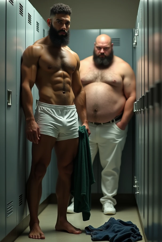 A handsome, muscular, hairy, bearded, mixed-race Brazilian man in white underwear with a pair of long green sweatpants in his hand, in front of an open closet, in a small locker room, being discreetly observed in the background and very closely by an obese bald man standing shirtless wearing white jeans and white shoes. Surrounded by gray cabinets. Black shirt and blue jeans on the floor.