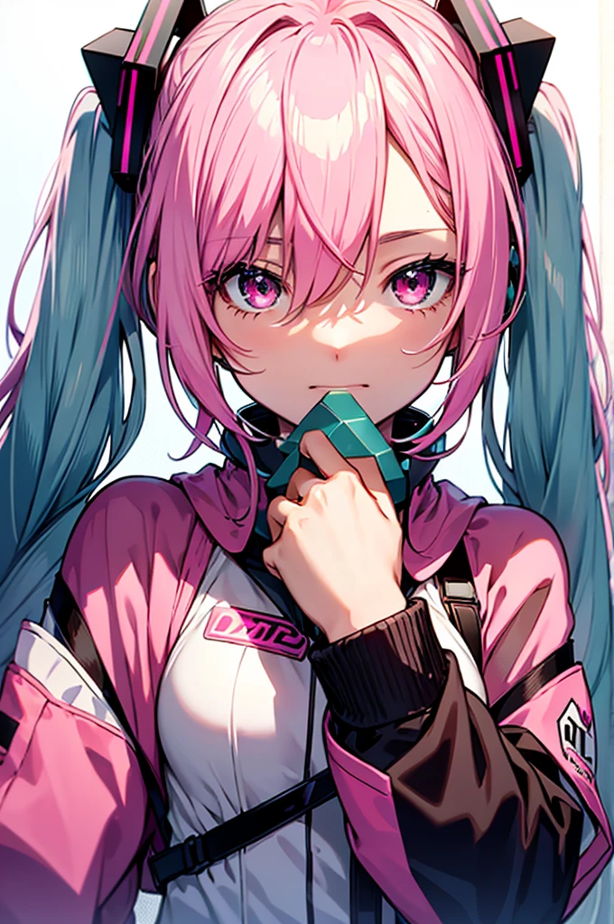 Hatsune Miku, vocaloid, beautiful, Delicate face, Pink Hair, Pink Eyes, Pink Art, rich and colorful, bright, whole body