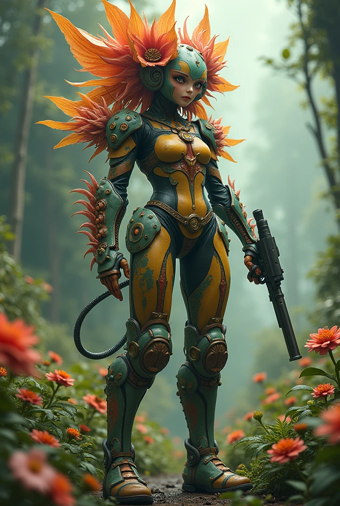 Cibrg bloom warrior Cibrg flower guardian mutant girl with flower arms with a pistol in her arm 