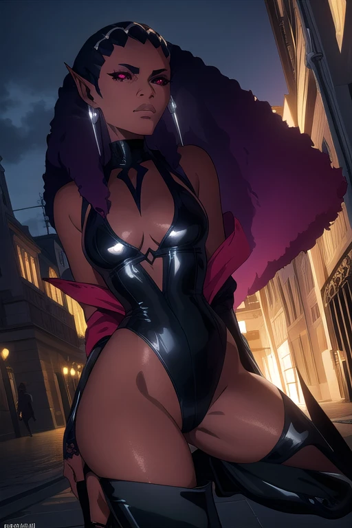 Masterpiece, Professional, High Definition - quality, sharp focus, perfect artwork, Best Illustration, trending on artstation, UHD, 4k, full body, NSFW                                                                         
Comic Book Style Portrait of an African-American female, with dark black dreadlocks, purple eyes, super villain, dark skin, lust demon, sexy villainess, skimpy combat attire, cloaked, by Matteo Scalera
