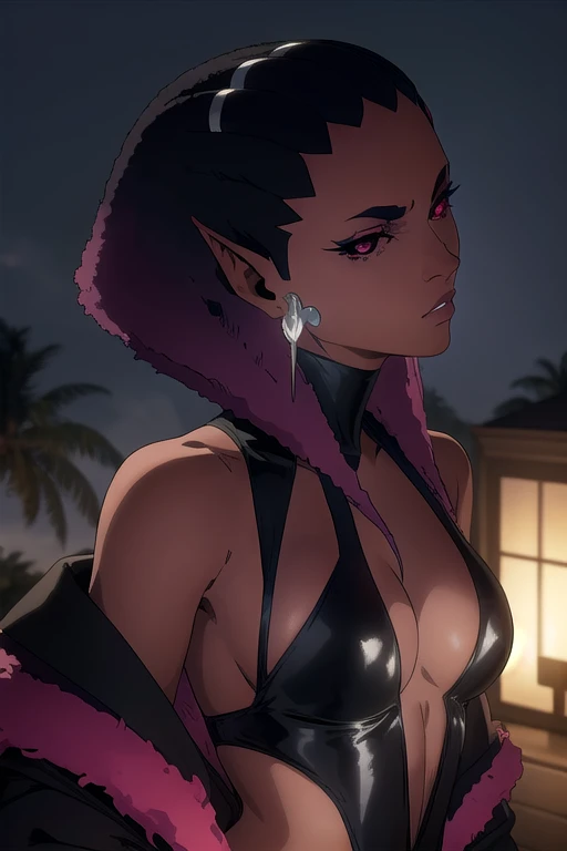 (masterpiece), best quality, expressive eyes, perfect face, Nico Robin at rocky desert, (rocky desert at night background), (standing), (smirk), (closeup view), (1girl, Nico Robin face, dark skin, tanned skin, tan, black hair, ponytail hairstyle, no bangs, brown eyes, hourglass figure, skinny body, large breasts, huge breasts, oppai, wide hips, thick thighs, ((dark purple bikini), BREAK, (black studded hip belt), (knee pad boots), (black devil horns), (dark purple gloves), (furry cape), (sholder pads)),