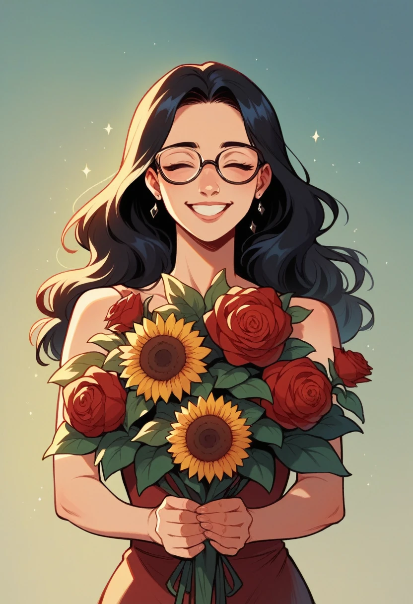Beautiful with glasses, long black hair, bouquet of sunflower and red roses, bright colors, smiling, 8k quality, cinematic focus, closed eyes