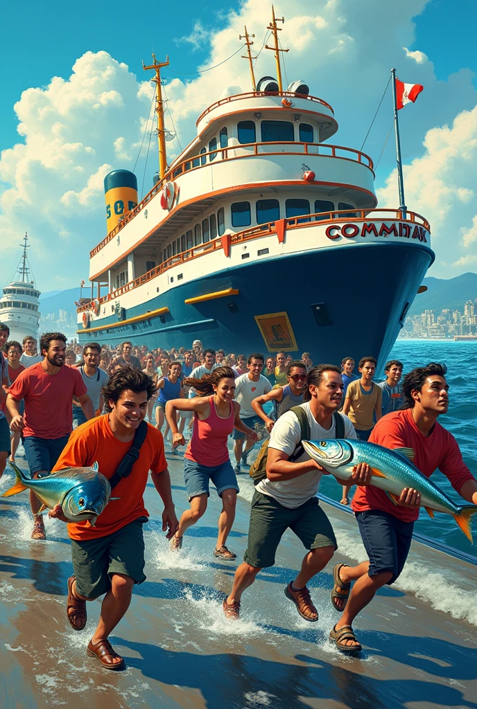 Create poster showing people running along side Ferry holding fish, the heading should be FERRY BONANZA