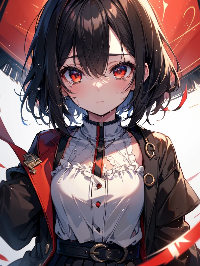 (masterpiece, highest quality, highest quality, (No text), Beautiful and aesthetic:1.2),No text,アニメ、BREAK,One Girl,Black Hair Girl adult short hair older sister Beautiful eyes Red eyes cool tears Black and Red skirt Black jacket White clothing whole body In town