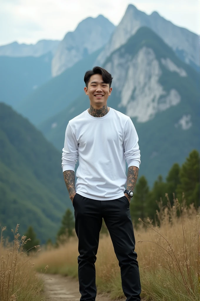A handsome Korean man with his hands full of intricate tattoos, standing in a mountainous landscape like a wide angle camera, wearing a long-sleeved white shirt, modern black pants and black shoes. with a friendly smile landscape