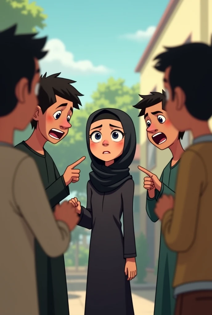 Create an image in which a girl in hijab and abaya is afraid of boys and boys are laughing at her in ratio of YouTube short remove the girl from background