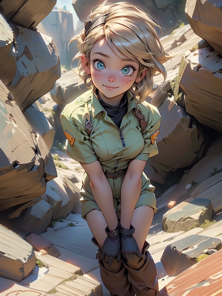 (best quality,4k,8k,highres,masterpiece:1.2), ultra-detailed, (realistic,photorealistic,photo-realistic:1.37), countryside teenage girl. Setting in the fantasy world. Working as miner. Blonde hair. . Flat chest. Wearing sexy mining outfit. The outfit color is green. Mining boots. Mining equipment. Mining goggles on the head. No bra. Breast expose. Mining minerals at the rocky mountain. Dozen of caves. Beautiful teenage face. Beautiful eyes. Cute smile.