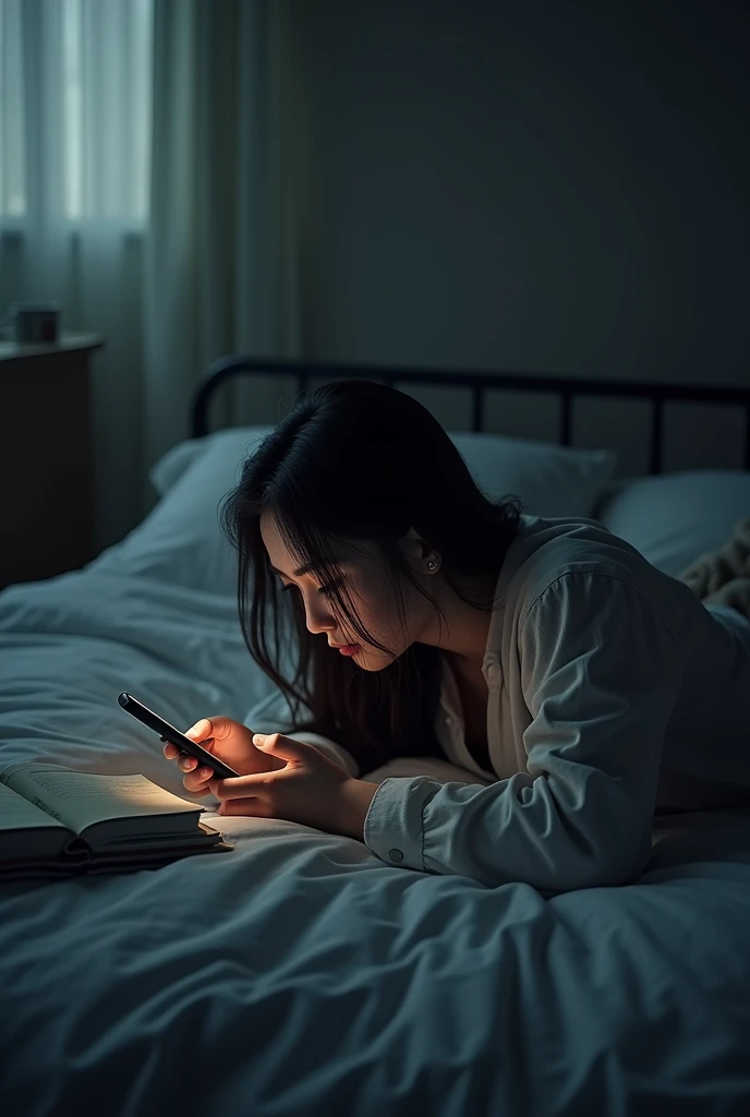 (photorealism:1.2), top view and side view normal room with dim light, woman laying on bed on her stomach using smartphone, hair slightly covering her face, some books beside her, relaxed pose