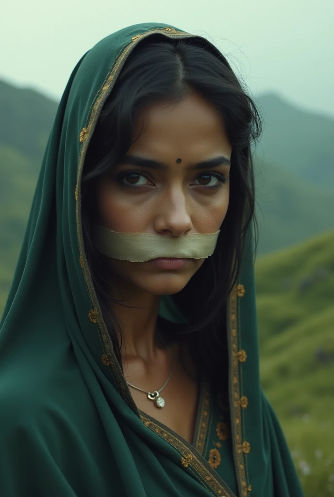 Sad woman. Sad face. Crying. Wearing sharee. Hills background. Tape on mouth. Attractive sexy face. Little green dark