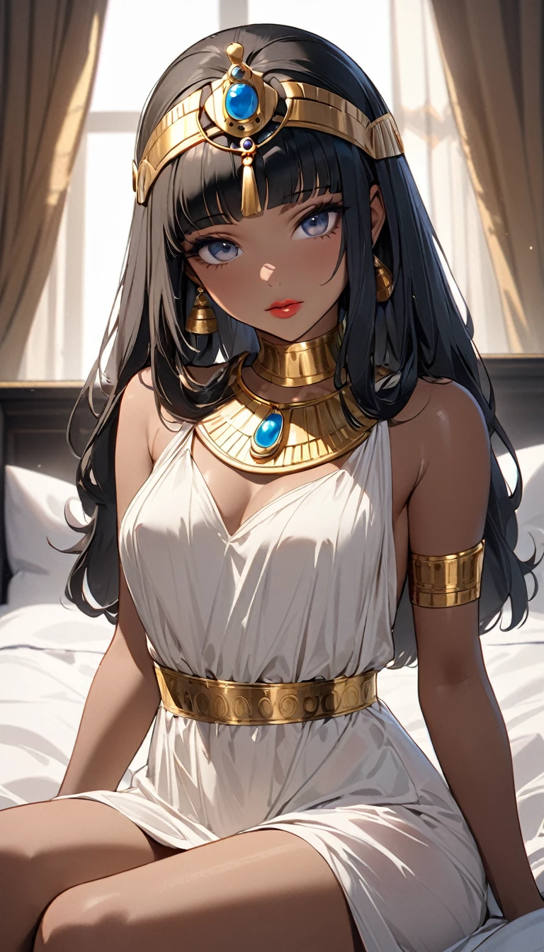 ((best quality)), ((masterpiece)), (Detailed face and eyes), Perfect face, Charming and accurate, Textured Skin, High Detail, high resolution, Cleopatra, Queen, Wearing a silk dress, Gemstone crown, Lipstick, , Tanned skin, Bronze skin, Sit on the bedroom bed, Hands on legs，Half Body