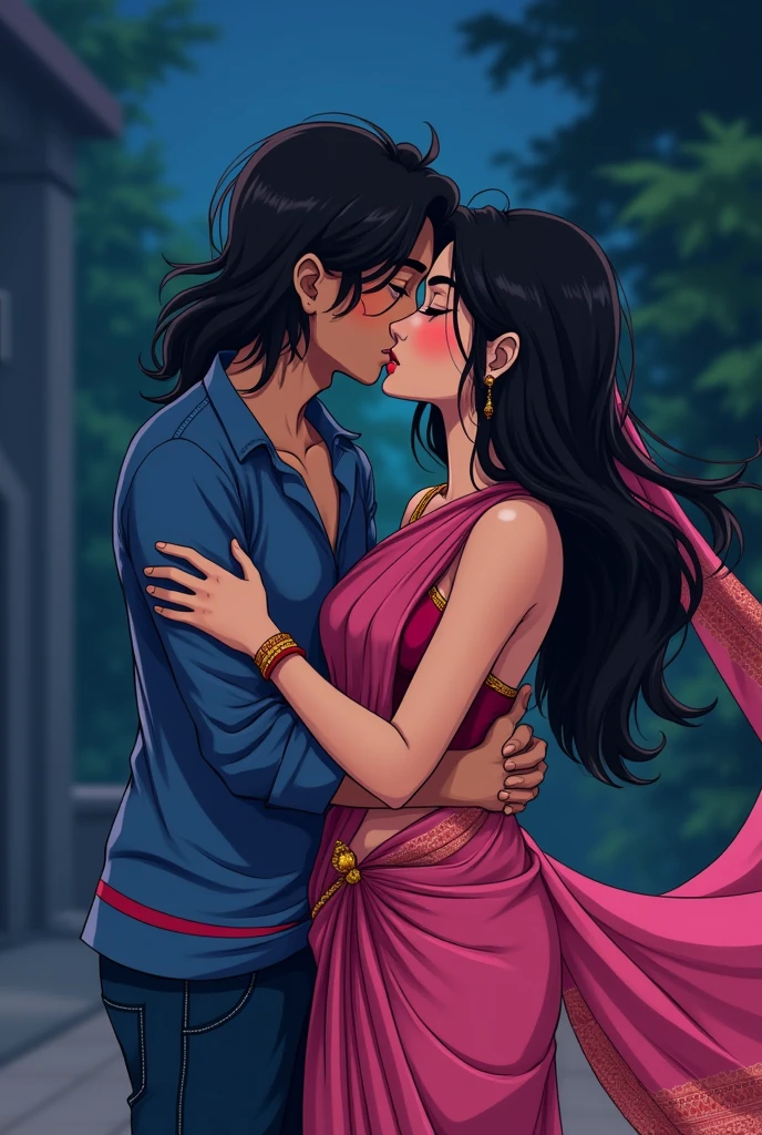 Make Indian anime couple hot sex scenes:raat ka samay hai.  jisme ladka aur ladki 10th standard me hai. ladke ke hair uski neck tak lambe hai.   ne blue shirt pehni hai jispe blue aur red lines hai, ladki ne pink saree pehni hai without blouse  jispe beautiful design hai. Ladke ne ladki ki kamar ko tightly pakad rakha hai, dono ek dusre se chipke hue hai. Ladki ka dupatta lehra Raha hai. Dono ek dusre ko lip kiss kar rahe hai, in dono ke lips touch ho rahe hai. Ladki ke hair bahut lambe hai. (Art style: jujutsu kaisen)