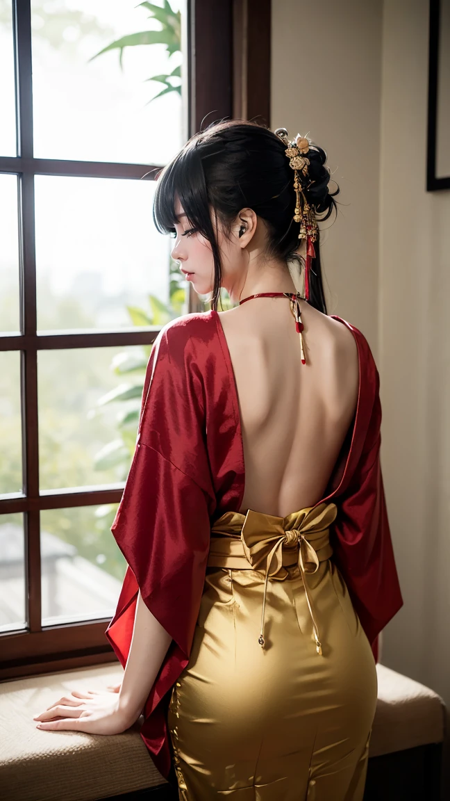 In a dimly lit room adorned with traditional Wano art, Kozuki Hiyori from One Piece sits playing a shamisen. Her deep black hair, cascading down her back, shines under the soft light. She wears a striking kimono of deep red and gold, with a large obi tied at the back. The atmosphere is quiet, filled with the melancholic sound of her music.