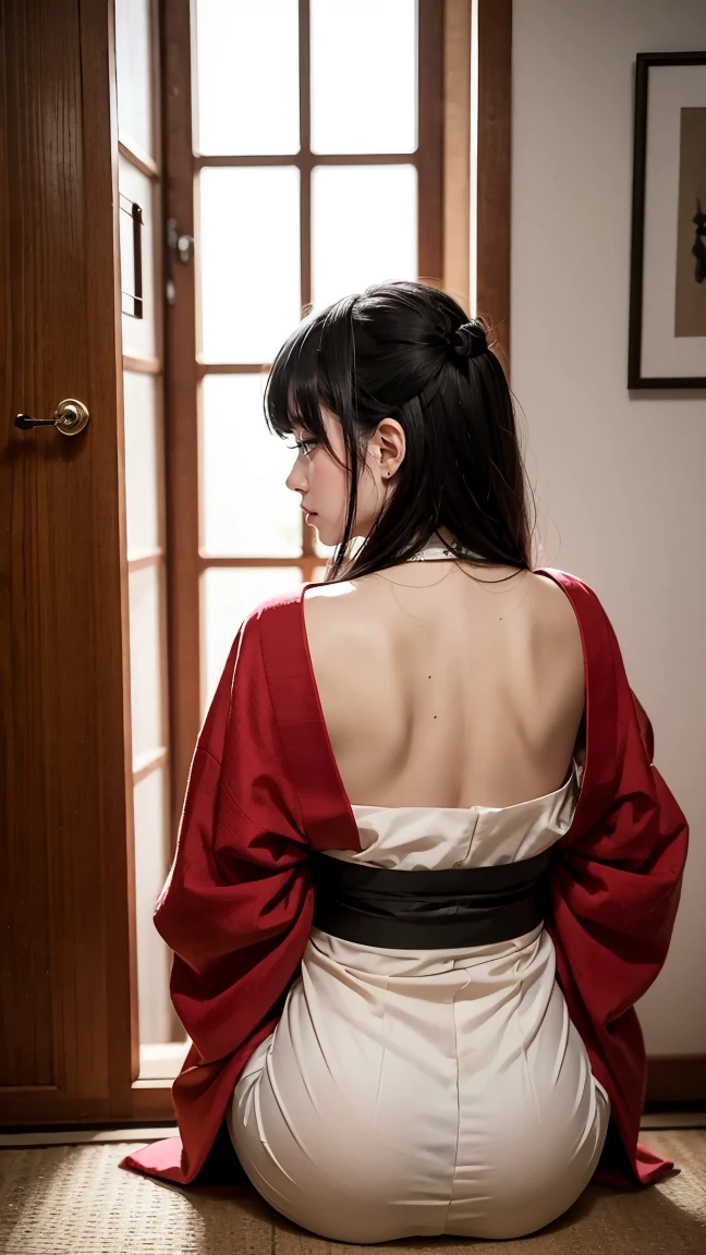In a dimly lit room adorned with traditional Wano art, Kozuki Hiyori from One Piece sits playing a shamisen. Her deep black hair, cascading down her back, shines under the soft light. She wears a striking kimono of deep red and gold, with a large obi tied at the back. The atmosphere is quiet, filled with the melancholic sound of her music.