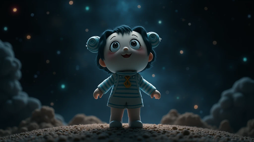 Chibi "mii beta" on space, In the style of Makoto Shinkai。master piece, ultra detail, precision, ultra-realistic,