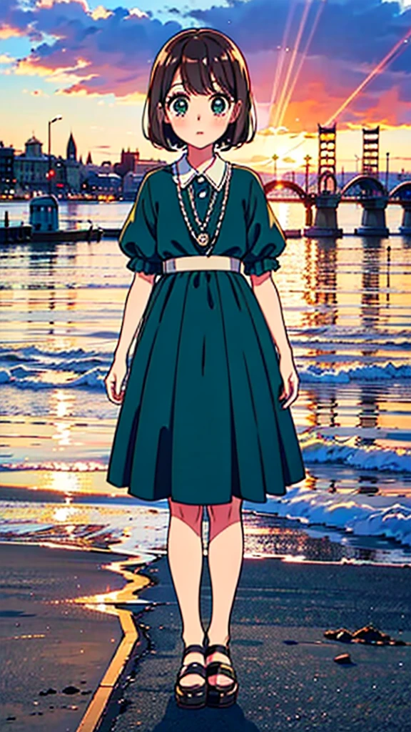 ((high quality)), ((masterpiece)), 8k, 10 year-old girl, light rays, extremely detailed, 8k wallpaper, ((full body)), looking at viewer, cute clothes, (background european city), kawaii, cute girl, brown hair, chanel short hair, green eyes, tiny girl, children,