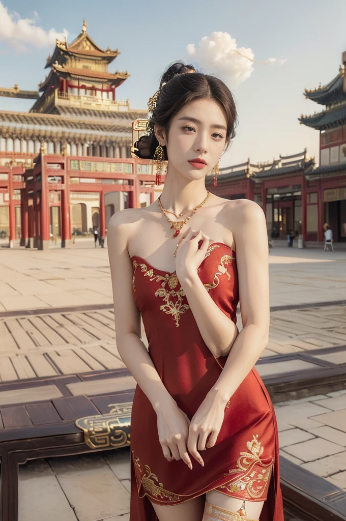 (((best quality))),(((ultra detailed))),(((masterpiece))),illustration,((1 beautiful girl,solo)),(neat bun:1.2),(fair skin:1.3),((slim,thin)),((earrings,necklace)),((small breasts,flat chest)),(bright almond-shaped eyes:1.3), graceful and elegant aura,(maxi gorgeous exquisitely embroidered red dress:1.5),gold trimmings,(stockings:1.3),(ancient Chinese city scape:1.3),(on empty spacious square:1.3),(outside the towering magnificent palace-like castle:1.3),(outdoor:1.3),gold trimmings,intricate carvings, delicate decorations,((clear sky, fluffy clouds)), warm sunlight, crisp refreshing breeze, serene expression, peaceful atmosphere, (standing:1.3), surrounding beauty,((vibrant October,autumn)),((from front,upper body))