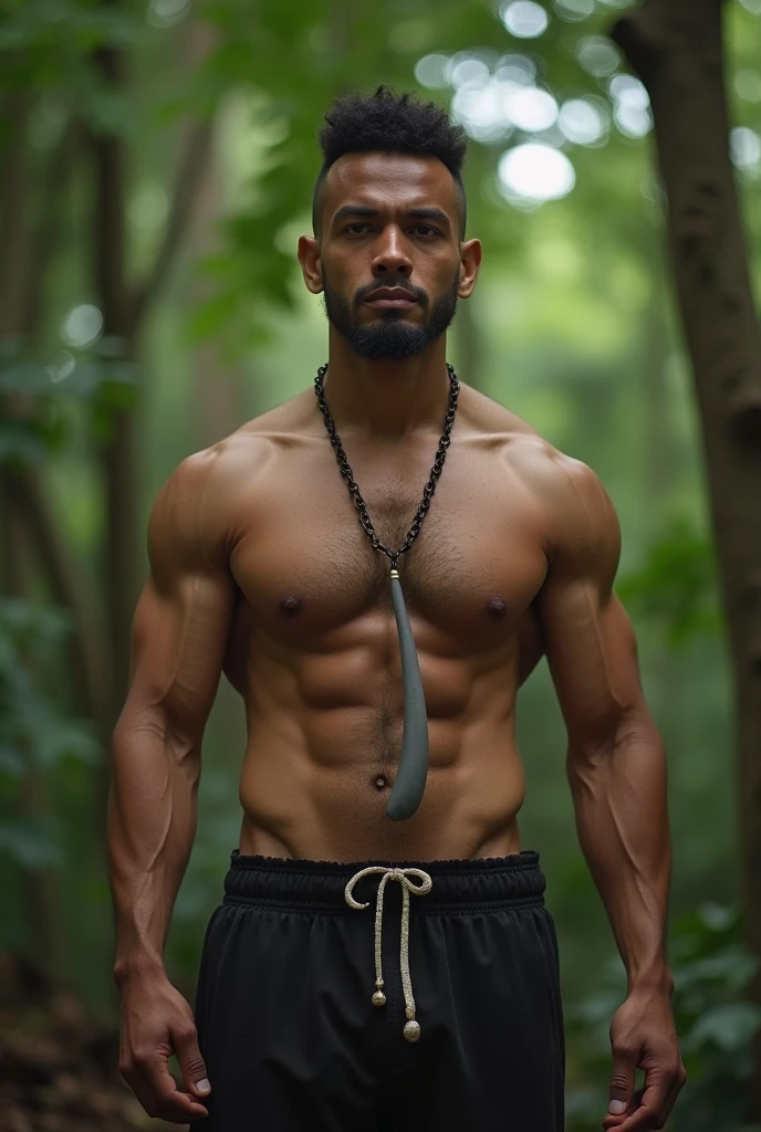 Make a photo of a muscular man with a big and long penis with a strong and mighty Indonesian forest background