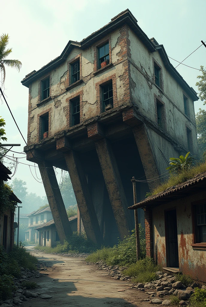 A 2 storied building has 4 pillars. The building is leaning due to the collapse of a pillar.