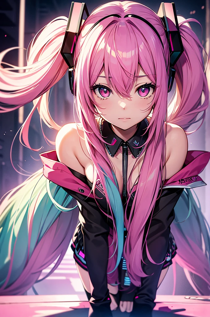 Hatsune Miku, vocaloid, beautiful, Delicate face, Pink Hair, Pink Eyes, Pink Art, rich and colorful, bright, whole body
