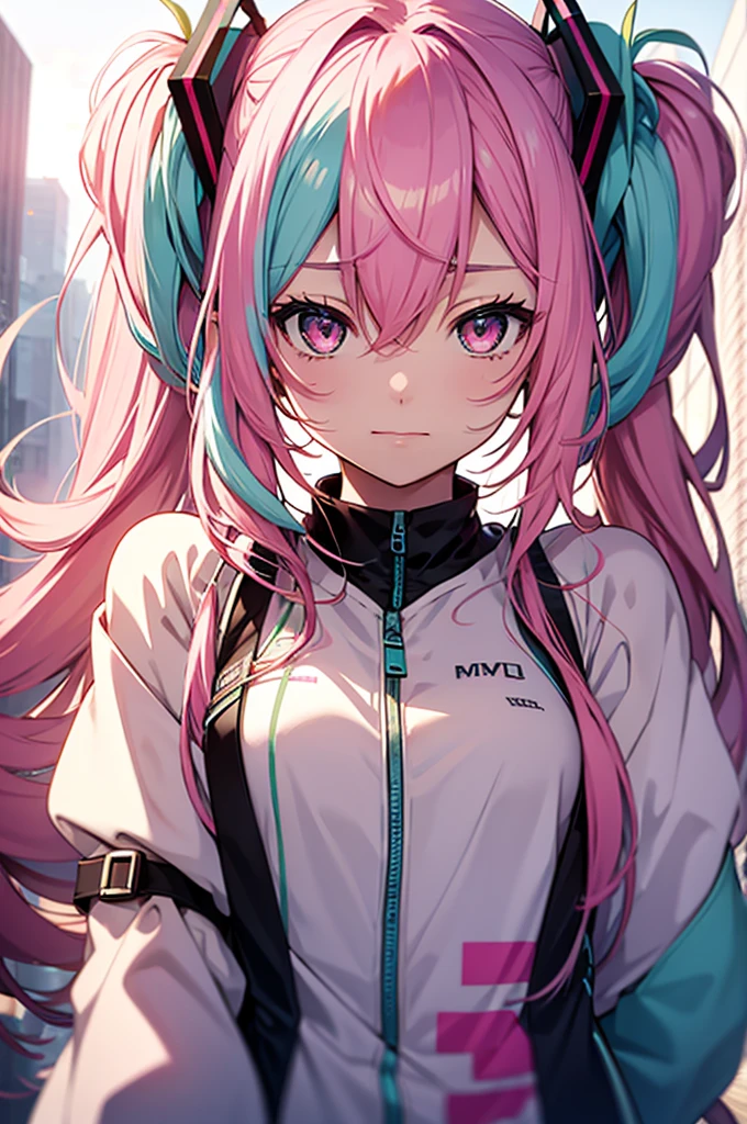 Hatsune Miku, vocaloid, beautiful, Delicate face, Pink Hair, Pink Eyes, Pink Art, rich and colorful, bright, whole body