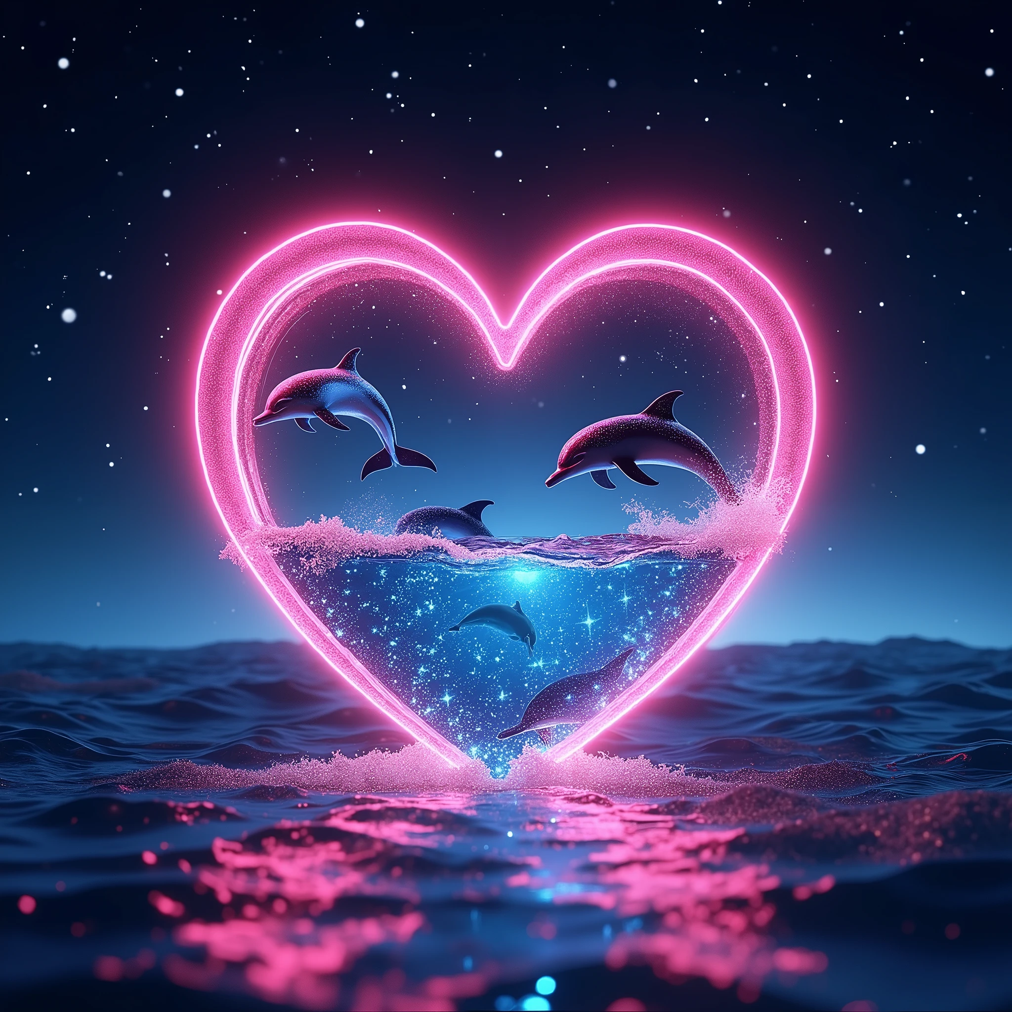 A sparkling open heart object、romantic、photograph、panorama、Neon color、Bright colors、Ultra-high resolution、
Inside the open heart is a picture of the ocean、Countless stars in the background、The overall image is dark, but the heart-shaped object shines brightly.、
A sky studded with stars、Dolphins jumping in the sea、The water surface reflects accurately、The stars are realistic and lively、Dolphins are wet and vivid、Water droplets and water are transparent。The heart frame shines in neon colors.、Three-dimensional heart、The dolphins are also glossy and realistic.、The starry sky is twinkling、The sea is blue and beautiful、the sky is black、Stars Shining、