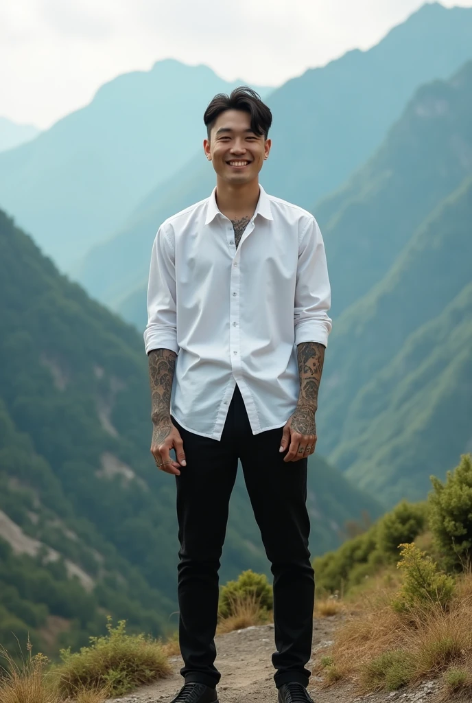 A handsome Korean man with his hands full of intricate tattoos, standing in a mountainous landscape like a wide angle camera, wearing a long-sleeved white shirt, modern black pants and black shoes. with a friendly smile landscape