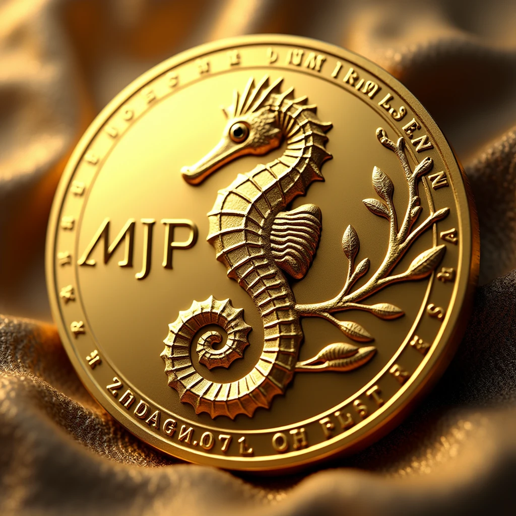 Please create a coin with the letters MJP and a seahorse design in the center.。 Gold High quality Luxurious image、Display the string SN024082901 at the bottom