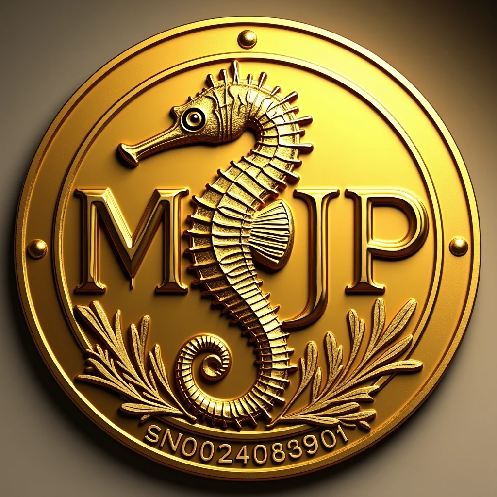 Please create a coin with the letters MJP and a seahorse design in the center.。 Gold High quality Luxurious image、Display the string SN024082901 at the bottom