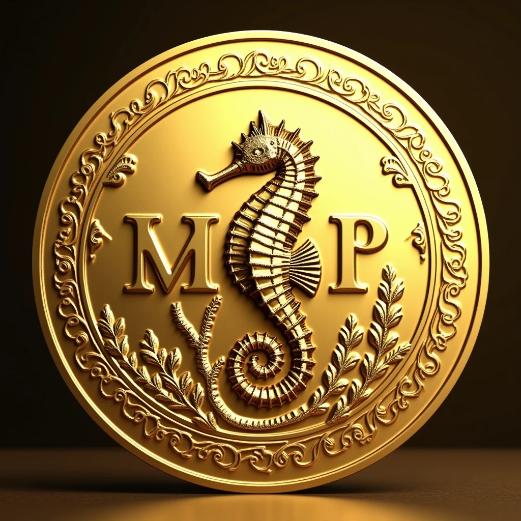 Please create a coin with the letters MJP and a seahorse design in the center.。 Gold High quality Luxurious image、Display the string SN024082901 at the bottom